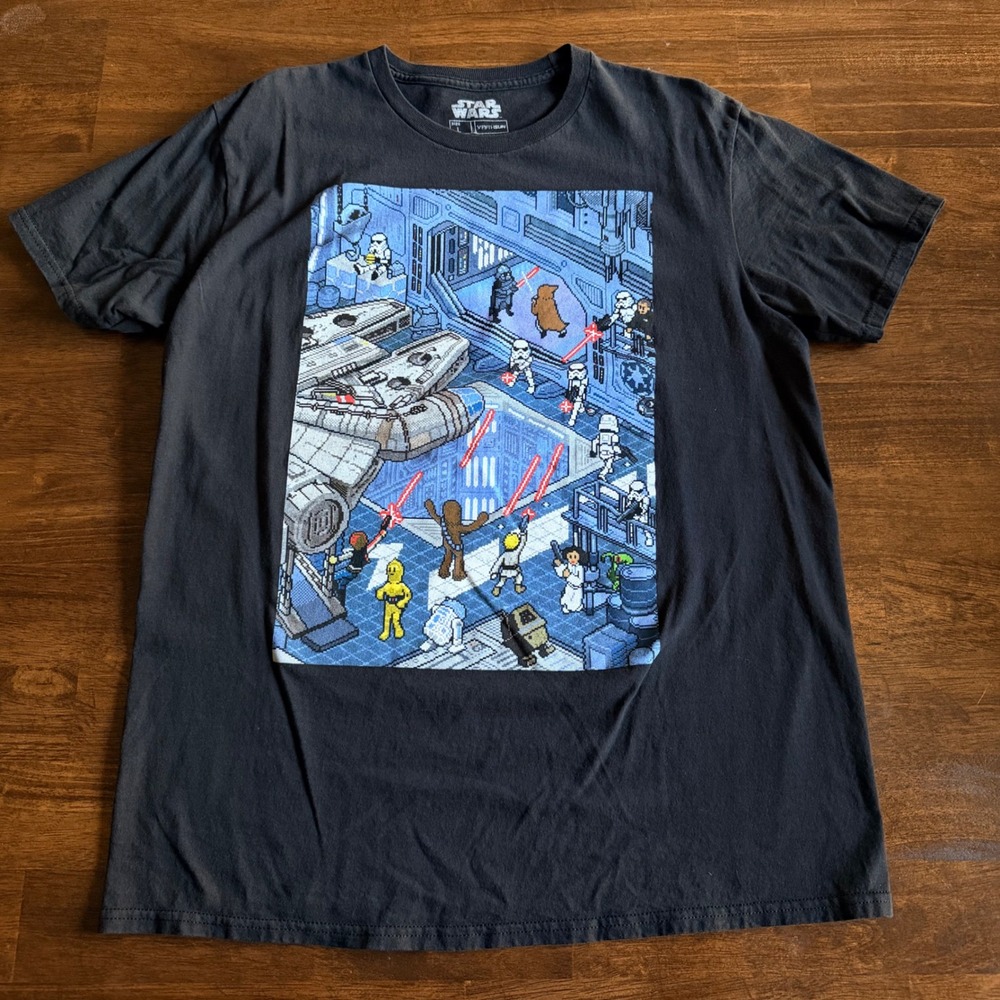Star Wars Pixel Art 8-Bit Death Star Hangar Graphic T-Shirt Mens Large Black